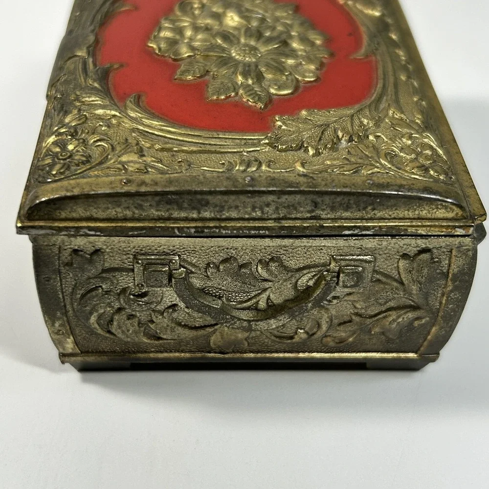 Vintage Metal Gold-tone Floral Detailed Lined Footed Trinket Jewelry Box.